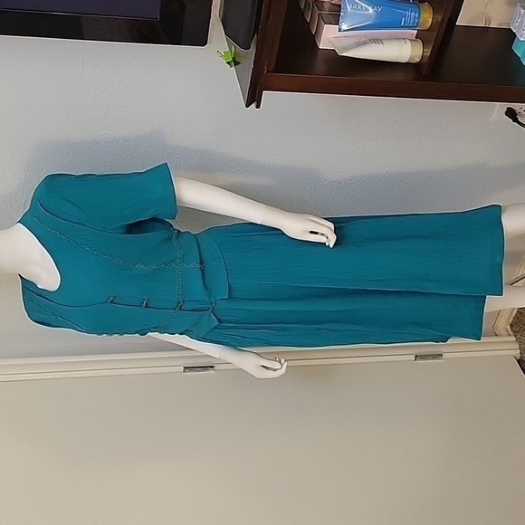 VTG LADY DORBY 1980s Teal Tie Back Broomstick 2Fer Land Girl Power Dress - Picture 2 of 10